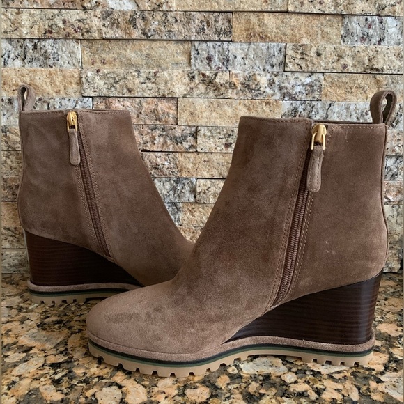 Tory Burch Suede Logo Lug Sole Wedge Boot - Picture 6 of 8